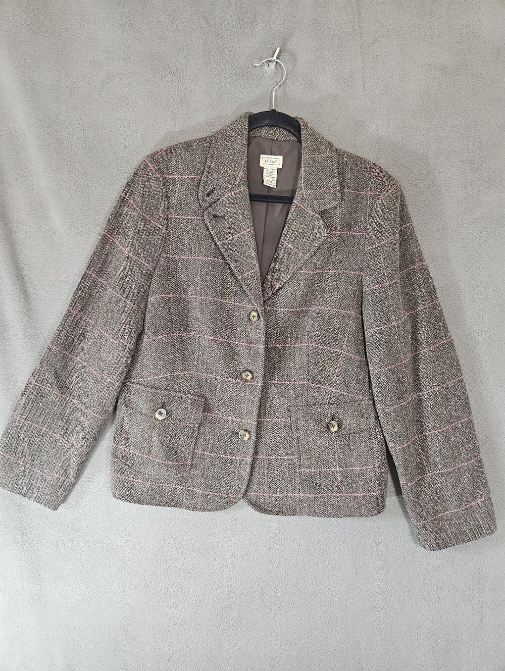 L.L. Bean Blazer Womens Size Large Wool Plaid Button Jacket Brown Pink Pockets